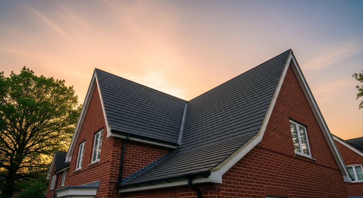 Freshly completed pitched roof on a Greater Manchester semi-detached brick house with roofers finishing ridge tiles at golden hour